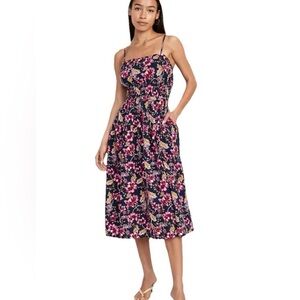 Waist-Defined Floral Linen-Blend Smocked Midi Cami Dress in Small